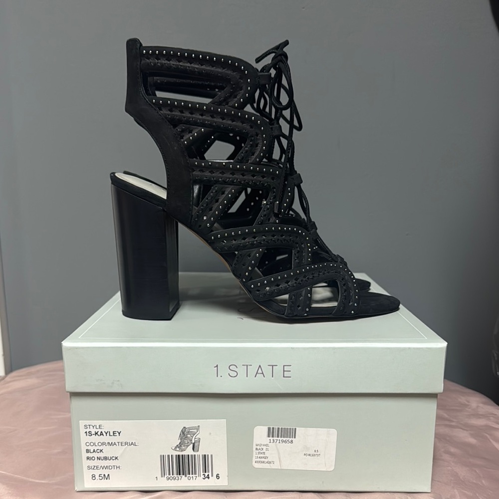 1. State Black Gladiator Heels with Block Heel